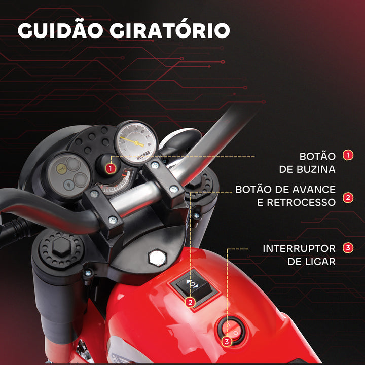 Motocicleta Elétrica Infantil com 3 Rodas Triciclo a Bateria 6V para Crianças de 18-36 Meses com Farol Buzina 72x57x56cm Vermelho