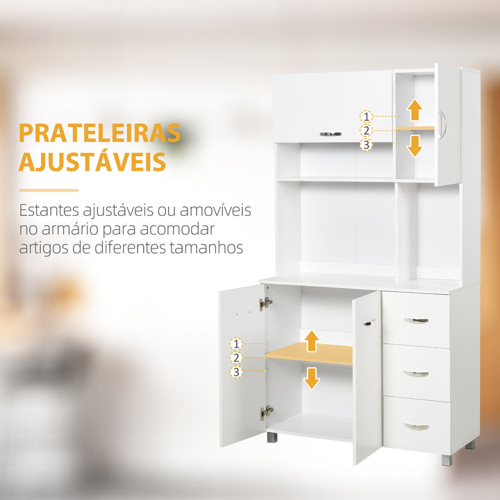 Armário de Cozinha Armário Alto com 3 Gavetas 4 Portas Prateleiras Interiores Ajustáveis e Pés Elevados Móvel Auxiliar para Sala de Jantar Sala de Estar 100x39,5x183,5cm Branco