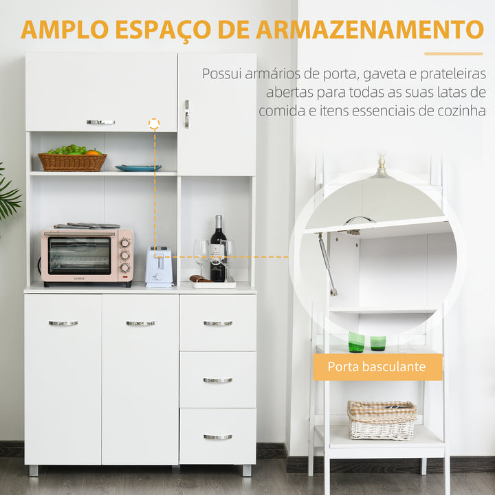 Armário de Cozinha Armário Alto com 3 Gavetas 4 Portas Prateleiras Interiores Ajustáveis e Pés Elevados Móvel Auxiliar para Sala de Jantar Sala de Estar 100x39,5x183,5cm Branco