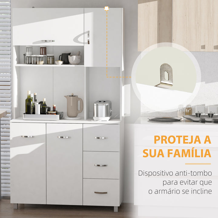 Armário de Cozinha Armário Alto com 3 Gavetas 4 Portas Prateleiras Interiores Ajustáveis e Pés Elevados Móvel Auxiliar para Sala de Jantar Sala de Estar 100x39,5x183,5cm Branco