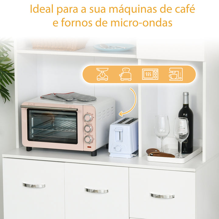 Armário de Cozinha Armário Alto com 3 Gavetas 4 Portas Prateleiras Interiores Ajustáveis e Pés Elevados Móvel Auxiliar para Sala de Jantar Sala de Estar 100x39,5x183,5cm Branco