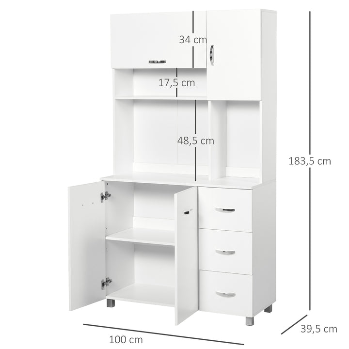 Armário de Cozinha Armário Alto com 3 Gavetas 4 Portas Prateleiras Interiores Ajustáveis e Pés Elevados Móvel Auxiliar para Sala de Jantar Sala de Estar 100x39,5x183,5cm Branco