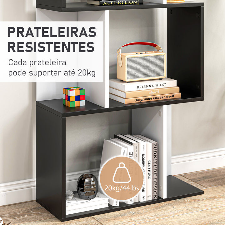 Estante para Livros Estante Alta de Parede com 5 Níveis em Forma de S Desenho Moderno para Sala de Estar Escritório 60x24x184,5 cm Branco e Preto