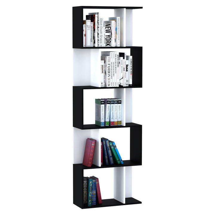 Estante para Livros Estante Alta de Parede com 5 Níveis em Forma de S Desenho Moderno para Sala de Estar Escritório 60x24x184,5 cm Branco e Preto