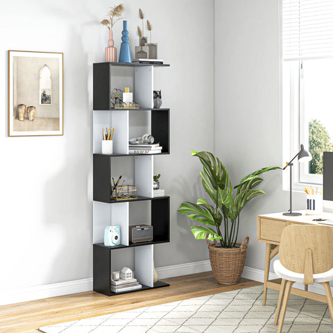 Estante para Livros Estante Alta de Parede com 5 Níveis em Forma de S Desenho Moderno para Sala de Estar Escritório 60x24x184,5 cm Branco e Preto