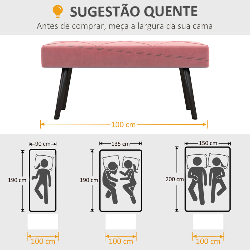 Banco de Pé de Cama Multifuncional Banco de Pé de Cama Moderno Banco de Dormitório com Pés de Aço e Assento Acolchoado Carga Máxima 120 kg Entrada Corredor 100x36x45 cm Rosa