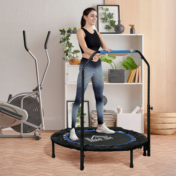 Trampolim Fitness Ø102 Trampolim Dobrável com Pega Ajustável em 4 Níveis Estrutura de Aço para Treino de Pernas Corpo em Casa Escritório Ginásio Azul