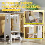 Torre de Aprendizagem Torre de Aprendizagem para Crianças acima de 3 Anos com Degrau Altura Ajustável em 3 Níveis e Barreira de Segurança para Casa de Banho Cozinha 45x47,5x91 cm Branco