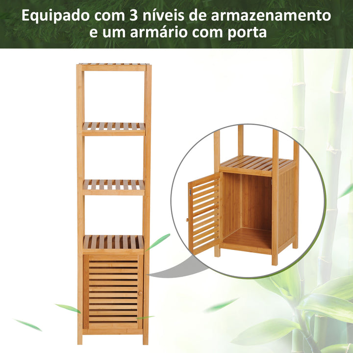 Estantes de bambu para o banheiro Armário alto Livraria Organizador 4 Níveis 1 Porta 36x33x140cm