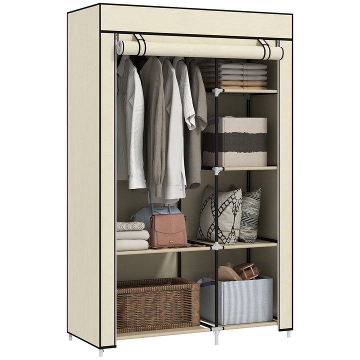 Roupeiro de Tecido Dobrável Armário de Roupa Portátil com 6 Prateleiras e 1 Barra de Pendurar para Dormitório Vestidor 103x43x162,5cm Creme