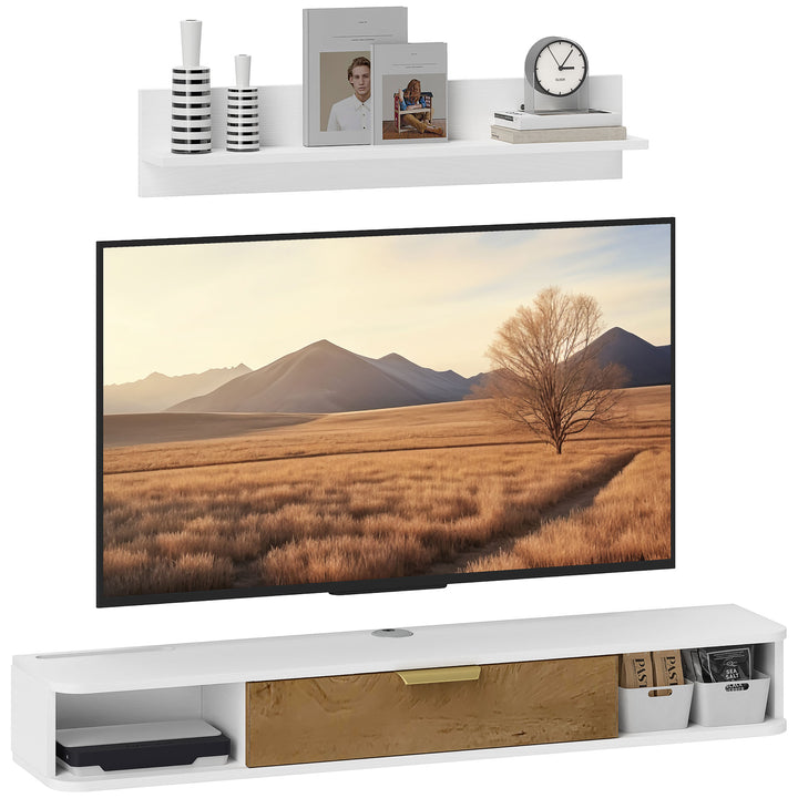 Conjunto de Móveis de Sala, Móvel de TV com Prateleira de Parede, Porta, Prateleiras Abertas, Orifícios para Cabos, para Televisão de Parede, 120x24x16 cm, Branco