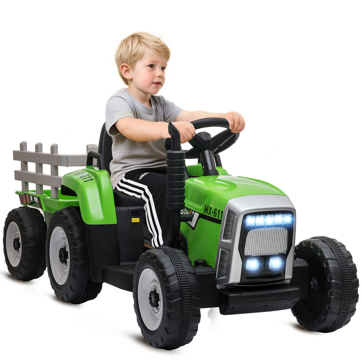 Trator Elétrico com Reboque Amovível Carro Elétrico para Crianças 3-6 Anos com Controlo Remoto Música MP3 Luzes e Cinto de Segurança 136,5x50x52,5 cm Verde