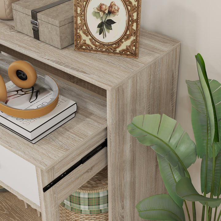 Mesa Consola Moderna de Entrada de 2 Níveis com Trilhos Deslizantes 2 Gavetas 2 Rodas Anti-Tombo Móvel de Entrada para Sala de Estar Corredor 95x35x87 cm Madeira e Branco