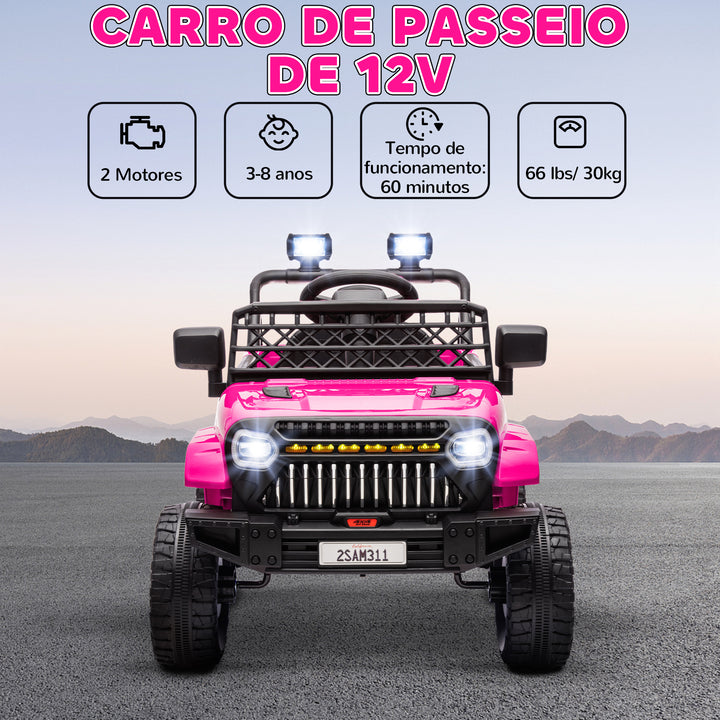Carro Elétrico para Crianças acima de 3 Anos Carro Elétrico Infantil UTV Carro a Bateria 12V com Controlo Remoto Velocidade Ajustável USB Faróis e Buzina 95x62,5x65 cm Rosa