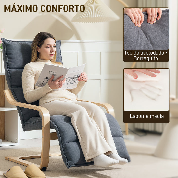 Poltrona de Salão com Apoio para os Pés Ajustável, Poltrona Estofada em Veludo, Estrutura de Madeira, Poltrona de Relax para Quarto, Escritório, Estudo, 67x93x105 cm, Cinzento Escuro