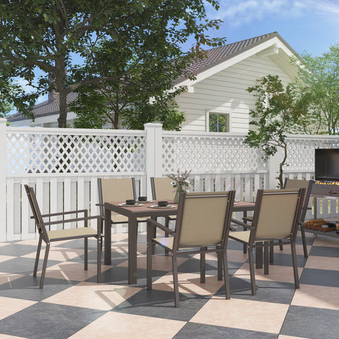 Conjunto de Refeição de Exterior de 7 Peças Conjunto de Mesa e 6 Cadeiras de Jardim com Cadeiras Empilháveis e Estrutura de Aço para Terraço Pátio Cáqui