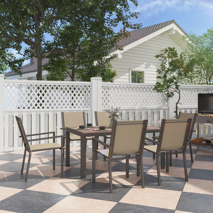 Conjunto de Refeição de Exterior de 7 Peças Conjunto de Mesa e 6 Cadeiras de Jardim com Cadeiras Empilháveis e Estrutura de Aço para Terraço Pátio Cáqui