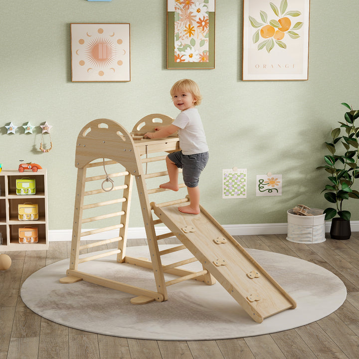 Triângulo de Escalada Montessori 6 em 1 Estrutura de Madeira com Plataforma Anéis e Escorrega para Escalar ou Deslizar para Crianças de 18-48 Meses Interiores Madeira