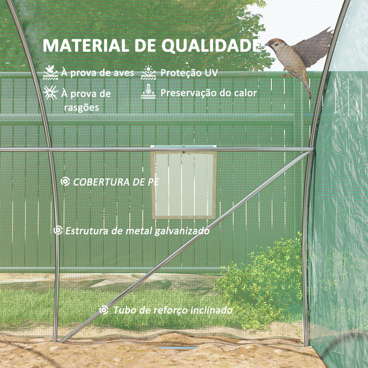Estufa Tipo Túnel 3x3x2 m Estufa de Exterior com Paredes Laterais Enroláveis 4 Janelas de Malha e Porta Enrolável com Fecho de Correr para Jardim Pátio Verde