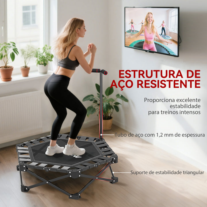 Trampolim de Fitness Dobrável 104 cm Mini Cama Elástica com Barra Ajustável em 3 Alturas Silencioso Estrutura Metálica Reforçada e Bolsa de Transporte para Treino em Casa Ginásio Preto