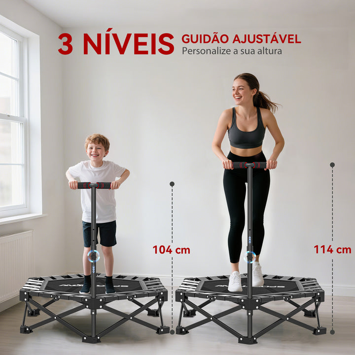 Trampolim de Fitness Dobrável 104 cm Mini Cama Elástica com Barra Ajustável em 3 Alturas Silencioso Estrutura Metálica Reforçada e Bolsa de Transporte para Treino em Casa Ginásio Preto