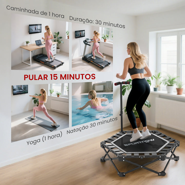 Trampolim de Fitness Dobrável 104 cm Mini Cama Elástica com Barra Ajustável em 3 Alturas Silencioso Estrutura Metálica Reforçada e Bolsa de Transporte para Treino em Casa Ginásio Preto