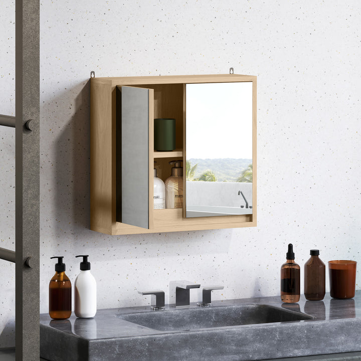 Armário de Casa de Banho com Espelho Móvel Suspenso de Casa de Banho com Prateleira Interior Ajustável em 3 Níveis e 2 Portas 48x14,5x45 cm Madeira
