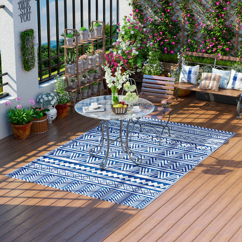 Tapete de Exterior 182x274 cm Tapete Reversível Estilo Moderno para Varanda Pátio Campismo Praia Azul Escuro e Branco