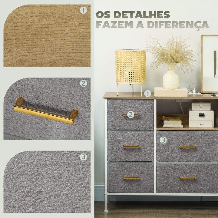 Cómoda com 8 Gavetas Estofada em Borreguito Cómoda de Tela com Estação de Carga Porta USB Tipo-C e Estrutura de Aço Cómoda para Dormitório Corredor 110x30x76 cm Cinzento