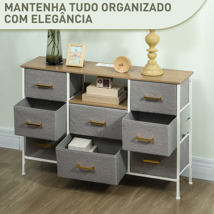 Cómoda com 8 Gavetas Estofada em Borreguito Cómoda de Tela com Estação de Carga Porta USB Tipo-C e Estrutura de Aço Cómoda para Dormitório Corredor 110x30x76 cm Cinzento