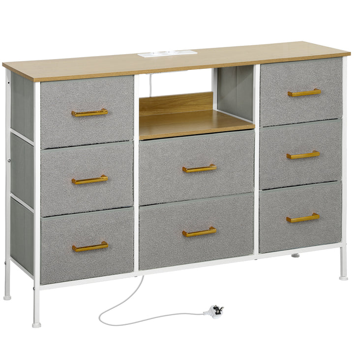 Cómoda com 8 Gavetas Estofada em Borreguito Cómoda de Tela com Estação de Carga Porta USB Tipo-C e Estrutura de Aço Cómoda para Dormitório Corredor 110x30x76 cm Cinzento