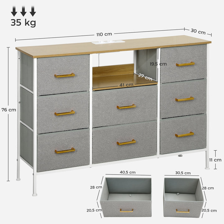 Cómoda com 8 Gavetas Estofada em Borreguito Cómoda de Tela com Estação de Carga Porta USB Tipo-C e Estrutura de Aço Cómoda para Dormitório Corredor 110x30x76 cm Cinzento