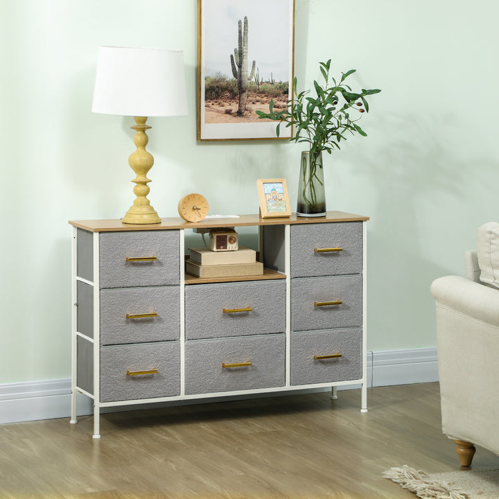 Cómoda com 8 Gavetas Estofada em Borreguito Cómoda de Tela com Estação de Carga Porta USB Tipo-C e Estrutura de Aço Cómoda para Dormitório Corredor 110x30x76 cm Cinzento