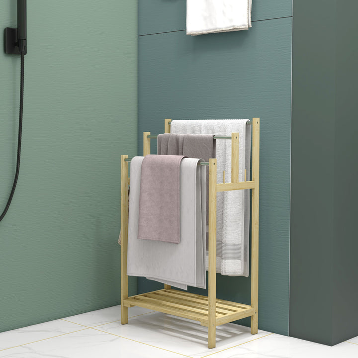 Toalheiro de Pé de Bambu Toalheiro Escada para Casa de Banho com 3 Barras de Aço Inoxidável Prateleira Aberta 4 Ganchos Estilo Moderno 50,5x31x90 cm Madeira