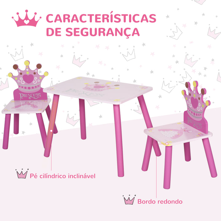Conjunto de Mesa e 2 Cadeiras Infantis de madeira para crianças acima de 2 anos Set de Mesa 55x34x42cm e Cadeiras 28x26x50cm Rosa