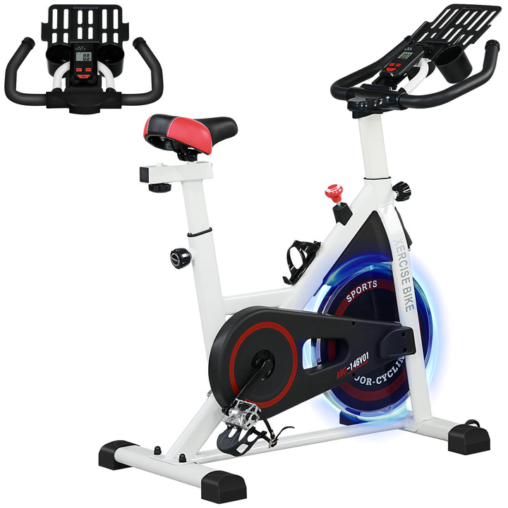 Bicicleta estática Spinning com tela LCD Sela ajustável Volante 8 kg Carga 100 kg 103x53x105-117,5 cm Branco