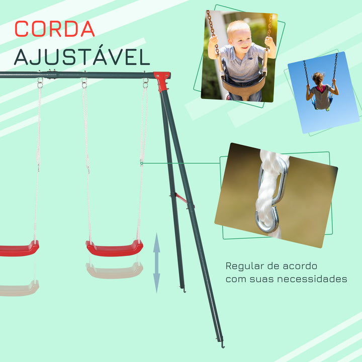 Baloiço duplo para crianças acima de 3 anos com suporte de metal coml Corda ajustável Máx. 40kg 220x160x180cm Verde Vermelho