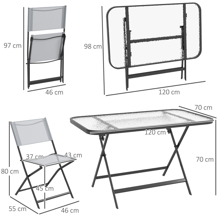 Conjunto de Refeição Mesa e 4 Cadeiras Dobráveis Conjunto de Refeição de 5 Peças com Mesa de Vidro Temperado Estilo Moderno para Varanda Pátio Cinza