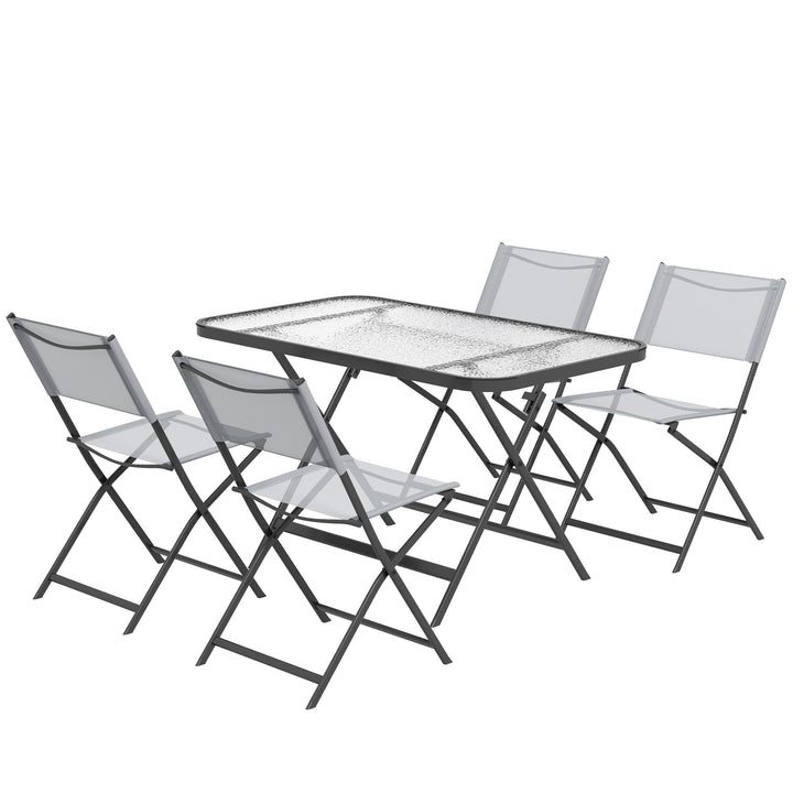 Conjunto de Refeição Mesa e 4 Cadeiras Dobráveis Conjunto de Refeição de 5 Peças com Mesa de Vidro Temperado Estilo Moderno para Varanda Pátio Cinza