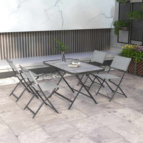 Conjunto de Refeição Mesa e 4 Cadeiras Dobráveis Conjunto de Refeição de 5 Peças com Mesa de Vidro Temperado Estilo Moderno para Varanda Pátio Cinza