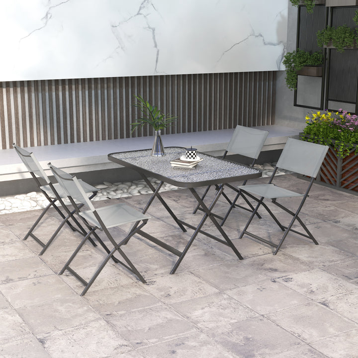 Conjunto de Refeição Mesa e 4 Cadeiras Dobráveis Conjunto de Refeição de 5 Peças com Mesa de Vidro Temperado Estilo Moderno para Varanda Pátio Cinza