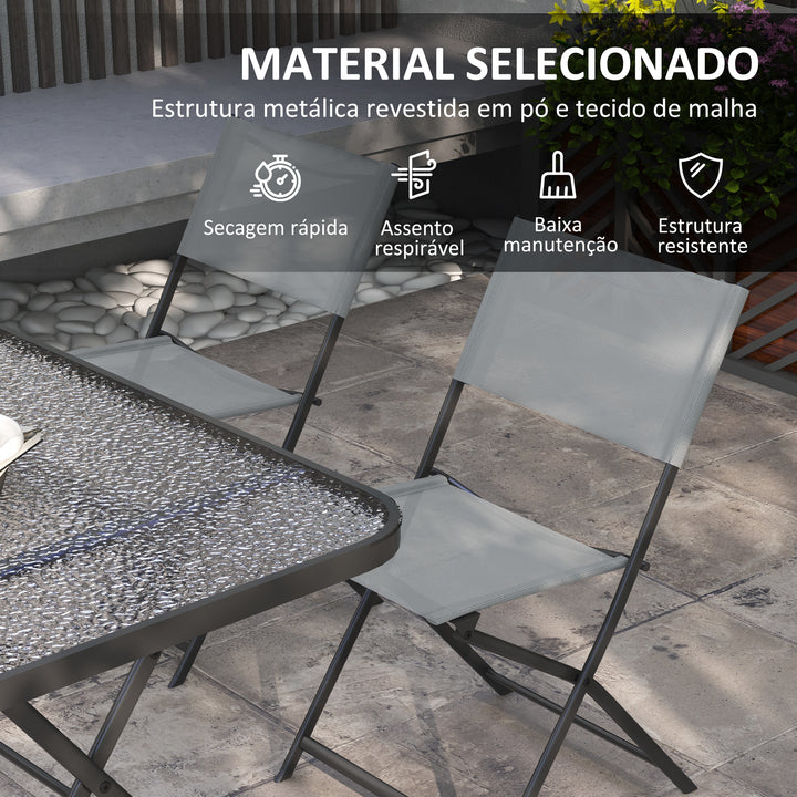 Conjunto de Refeição Mesa e 4 Cadeiras Dobráveis Conjunto de Refeição de 5 Peças com Mesa de Vidro Temperado Estilo Moderno para Varanda Pátio Cinza