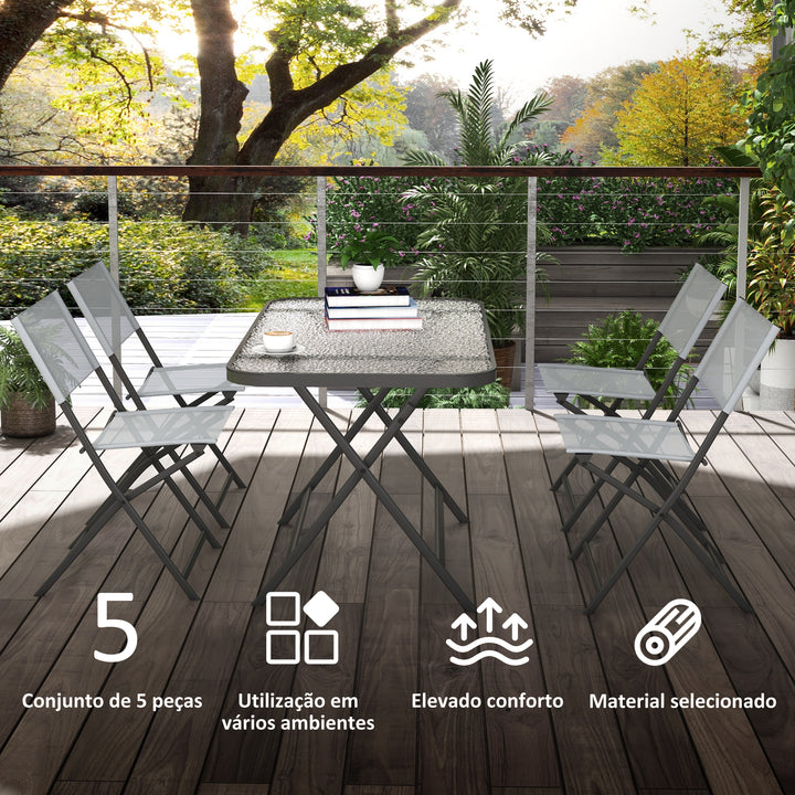 Conjunto de Refeição Mesa e 4 Cadeiras Dobráveis Conjunto de Refeição de 5 Peças com Mesa de Vidro Temperado Estilo Moderno para Varanda Pátio Cinza