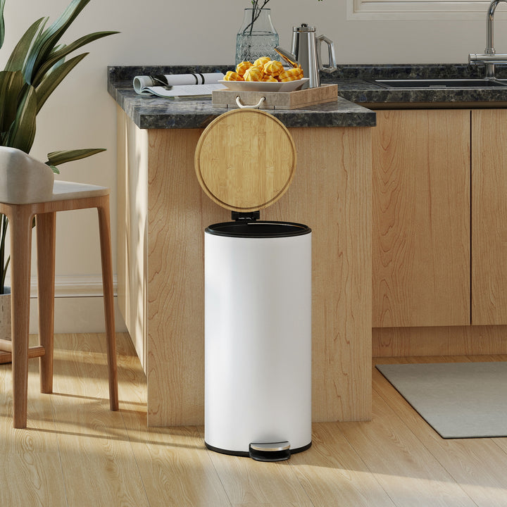 Balde do Lixo para Cozinha com Pedal 30L Cubo de Lixo Metálico com Tampa de Fecho Suave e Balde Removível para Quarto Escritório Estúdio e Sala 36x30x60,5 cm Branco e Madeira