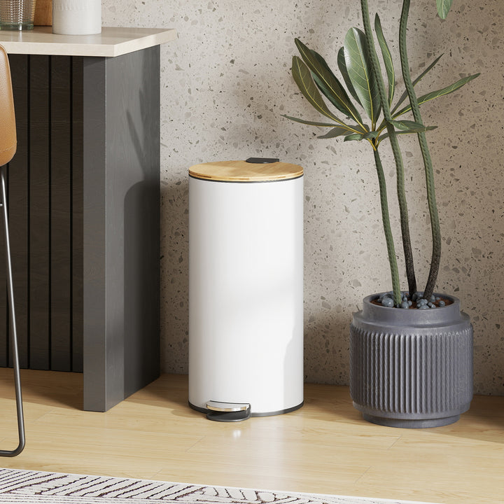Balde do Lixo para Cozinha com Pedal 30L Cubo de Lixo Metálico com Tampa de Fecho Suave e Balde Removível para Quarto Escritório Estúdio e Sala 36x30x60,5 cm Branco e Madeira