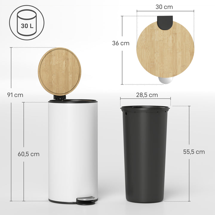 Balde do Lixo para Cozinha com Pedal 30L Cubo de Lixo Metálico com Tampa de Fecho Suave e Balde Removível para Quarto Escritório Estúdio e Sala 36x30x60,5 cm Branco e Madeira