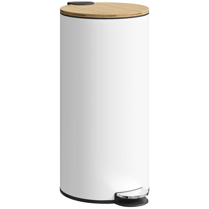 Balde do Lixo para Cozinha com Pedal 30L Cubo de Lixo Metálico com Tampa de Fecho Suave e Balde Removível para Quarto Escritório Estúdio e Sala 36x30x60,5 cm Branco e Madeira