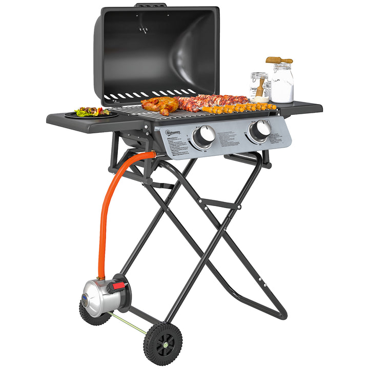Barbecue a Gás com 2 Queimadores em Aço Inoxidável 3 KW Barbecue Portátil Dobrável com Mesas Laterais Bandeja Removível Termómetro e 2 Rodas para Piquenique Campismo 101x50x102 cm Preto