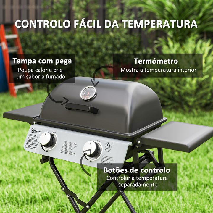Barbecue a Gás com 2 Queimadores em Aço Inoxidável 3 KW Barbecue Portátil Dobrável com Mesas Laterais Bandeja Removível Termómetro e 2 Rodas para Piquenique Campismo 101x50x102 cm Preto