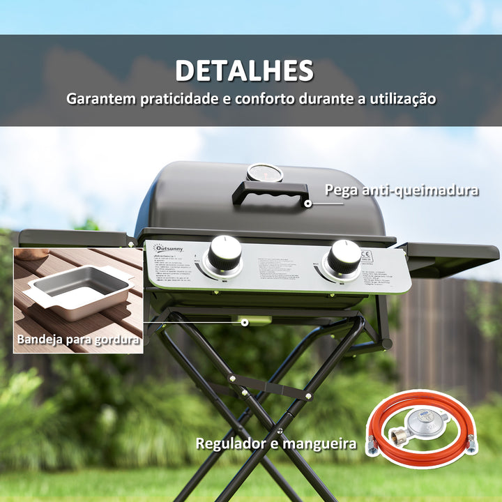 Barbecue a Gás com 2 Queimadores em Aço Inoxidável 3 KW Barbecue Portátil Dobrável com Mesas Laterais Bandeja Removível Termómetro e 2 Rodas para Piquenique Campismo 101x50x102 cm Preto